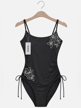 Hurley Women One Piece Swimsuit Black Floral Ruched Removable Cups Sz Small New
